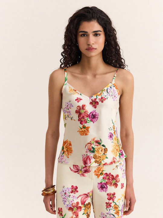 Women's Satin Blouse with Spaghetti Straps Floral Vanilla
