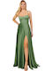 Summer Maxi Evening Satin Dress with Tearing Olive
