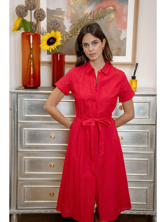 Summer Midi Shirt Dress Red