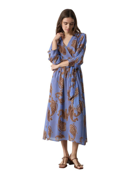 Summer Midi Wrap Dress with Tearing Blue