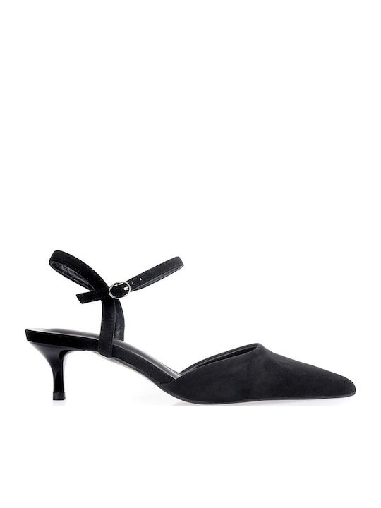 Pointed Toe Heels with Strap & Thin Mid Heel Black
