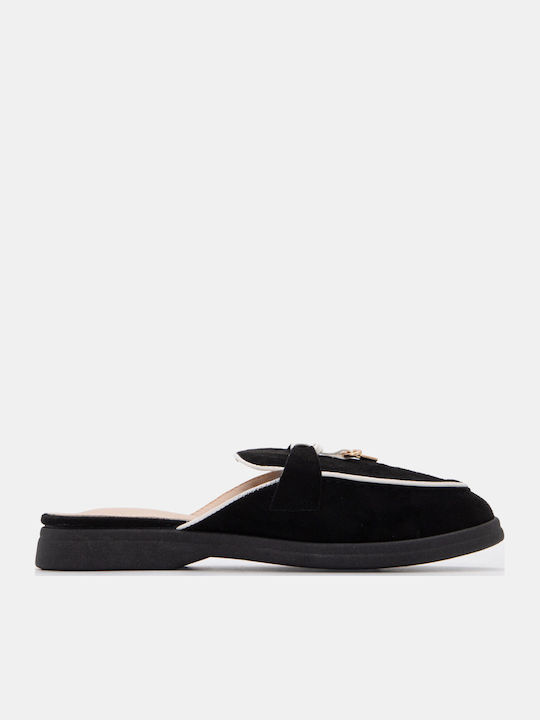 Luigi Flat Suede Mules In Black Colour