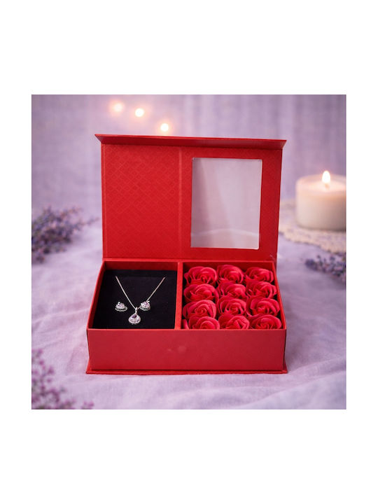 Set Elegant Cristale Zirconia Fulgi De Zăpadă Oțel Inoxidabil În Cutie De Bijuterii Trandafiri Spumă Roșii Mesaj
