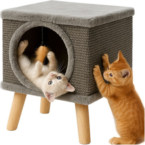 Căsuță pentru Pisici Interior Moale Jucărie Picioare din Lemn 38 x 32 x 32 cm Gri