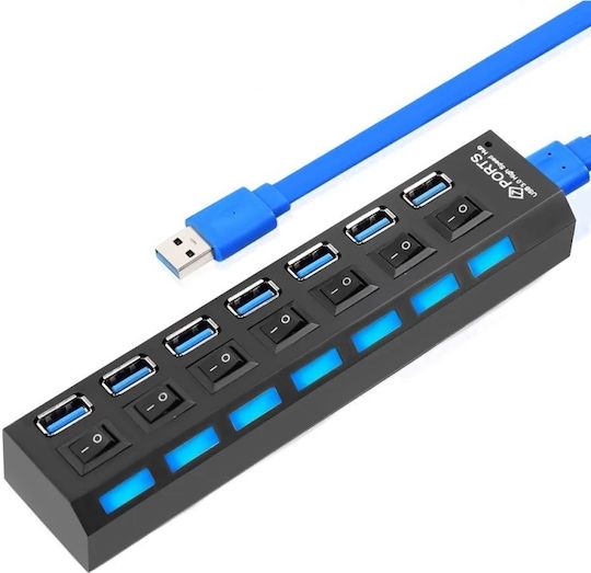 Hub USB 7 Porturi Huba55 1 X USB 3.0 6 X USB 2.0 Alimentare Indicator LED Comutator Independent PC Laptop Desktop Negru