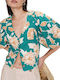 Women's Summer Linen Blouse with V-Neck Green