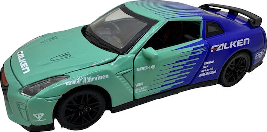 Nissan GT-R R35 Verde Albastru Falken 1:32 Replica Metalică Lumini Sunete Uși Capotă Portbagaj Deschise
