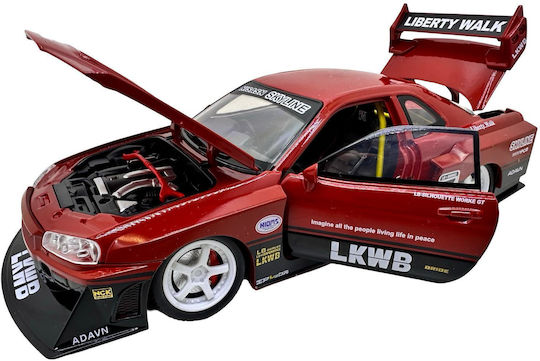 Nissan Skyline GT-R R34 Roșu Liberty Walk 1:24 Model Drift Tuning Replica Sunet Lumini