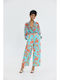 Women's High Rise Fabric Trousers with Rubber Band Floral Aqua