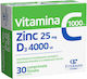 Fiterman Pharma Vitamina C 1000mg + Zinc 25mg + Vitamina D3 4000iu Vitamină pentru Susținerea Imunității, Pielii și Acțiune Antioxidantă Original 30 comprimate