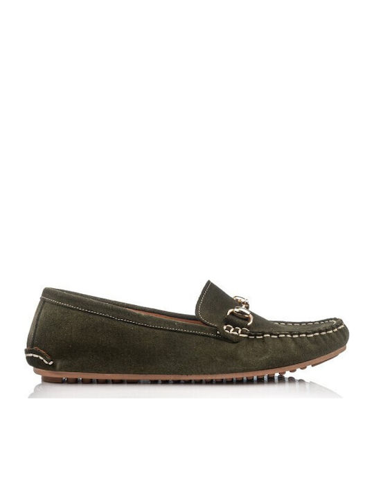 Boxer Damen Mokassins aus Leder in Khaki Farbe