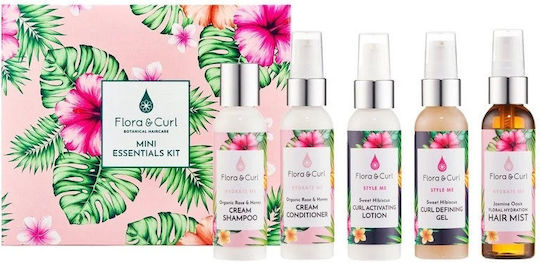 Flora & Curl Mini Essentials Hair Care And Styling Sets Hydration For Curly Hair With Shampoo Conditioner And Styling Cream 5 Pieces