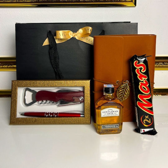 Gentleman Choice Мъжки Комплект Jack Daniel's 50 Мл Винтидж Тефтер Химикалка Отварачка За Вино Mars Bar