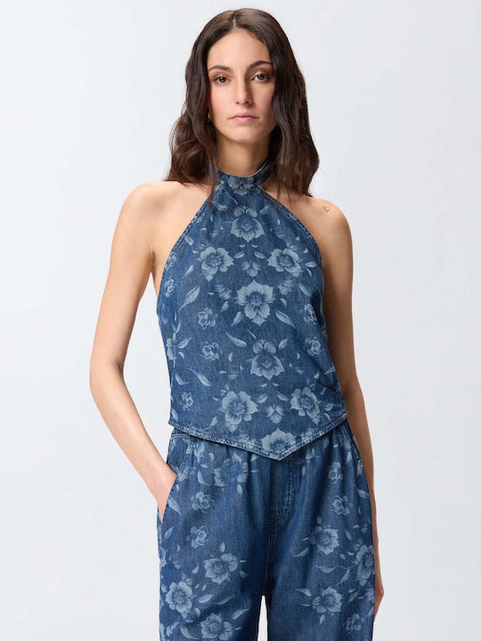 Women's Sleeveless Floral Light Denim Blouse
