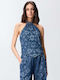 Women's Sleeveless Floral Light Denim Blouse