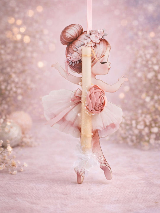 Osterkerze Cremé Runde Holztafel Ballerina & Dusty Pink Details 25cm