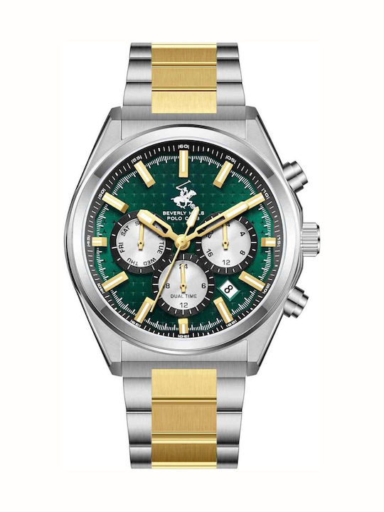 Beverly Hills Polo Club Dual Time Ανδρικό Ρολόι Μπαταρίας με Χρυσό Μεταλλικό Μπρασελέ