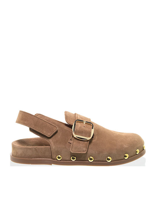 Alpe Leather Mules With Heel In Brown Colour