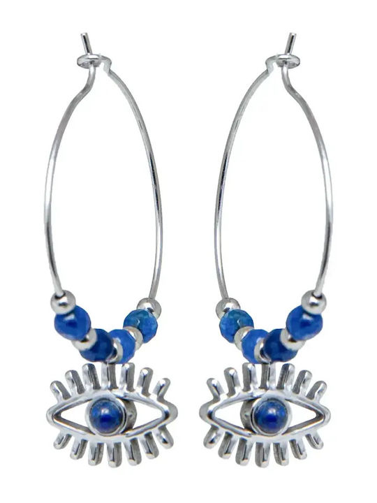 Women's Earrings Medium Very Thin Hoops 3.7 cm Length 2.5 cm Diameter Evil Eye Design & Lapis Stones Stainless Steel Silverline 0130551001 / Stainless Steel 0130551001