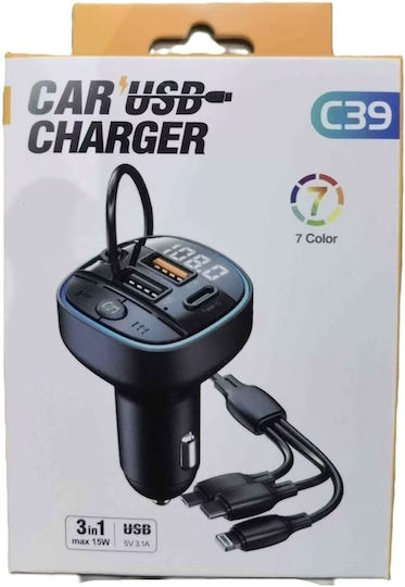 Încărcător Auto Usb Rgb Led 7 Culori 3-in-1 Port 15w Încărcare Rapidă Model C39