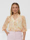 Women's Crop Top Long Sleeve with V-Neckline Floral Pink
