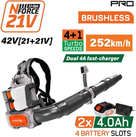 Nakayama Backpack Leaf Blower 42V with 2 Batteries 4Ah & Maximum Air Speed 252km/h
