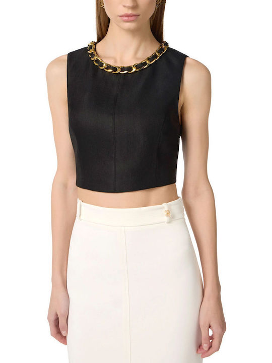 Damen Sommerliches Leinen Crop Top Schwarz