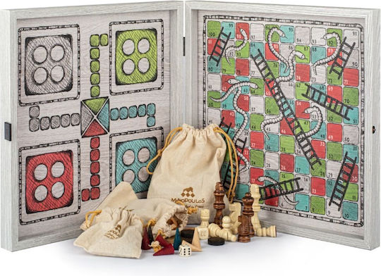 Handcrafted 5-in-1 Combo Game Collection Chess Backgammon Ludo Snakes & Checkers Hand Drawn By Manopoulos