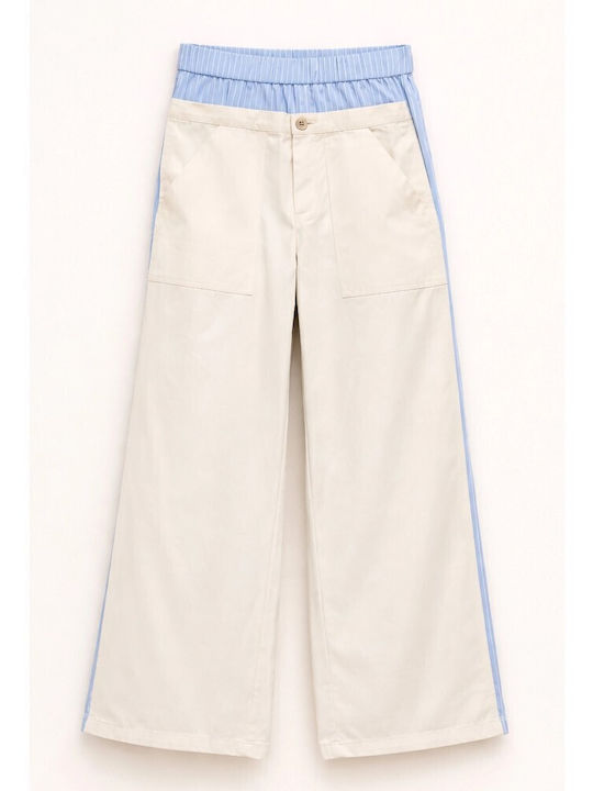 Women's High Rise Fabric Trousers in Regular Fit Striped Beige