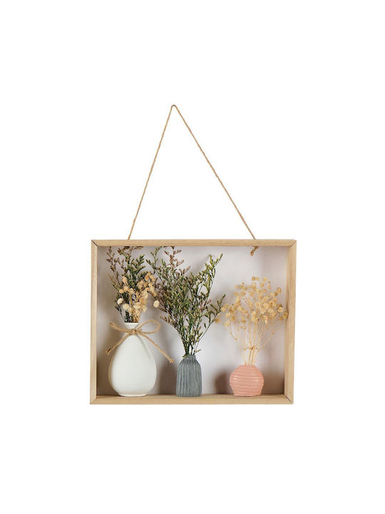 Wall Frame Natural Wood 3 Mini Pots Dried Flowers 30 × 6 × 24 Cm