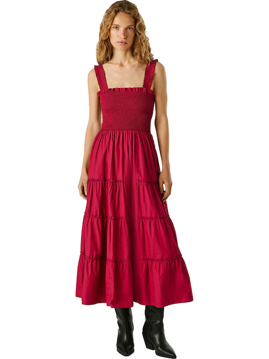 Summer Midi Dress with Ruffles Cranberry Pink