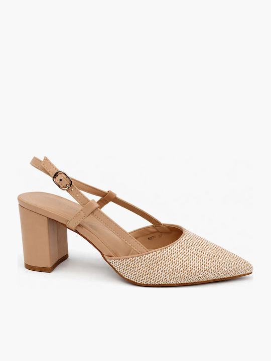 Pointed Toe Heels with Strap & Chunky High Heel Beige