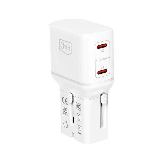 3MK Charger Without Cable with 2 USB-C Ports 45W Power Delivery / Quick Charge 4.0 White (Incharge Globe)
