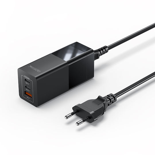 Yesido GaN Charging Station with USB-A Port and 2 USB-C Ports 100W Power Delivery in Black Colour (YC58)