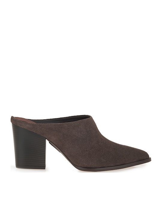 Leather Mules With Heel In Brown Colour