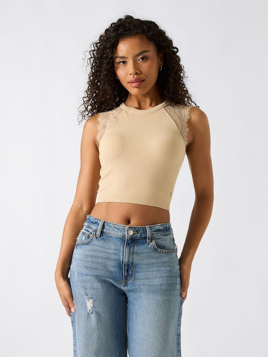 Guess Дамски Crop Топ с Дантела Бежов