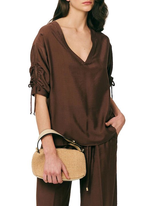 Women's Summer Linen Blouse with V Neckline Chocolate
