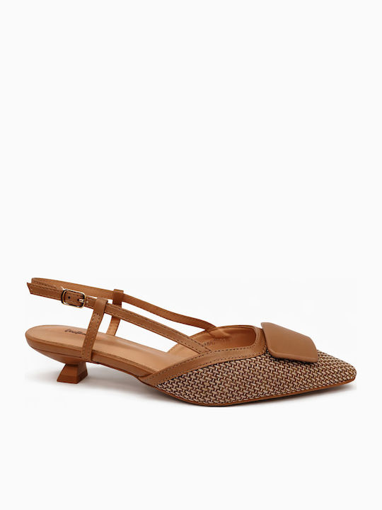 Vera Blum Pointed Toe Heels with Strap & Thin Low Heel Brown