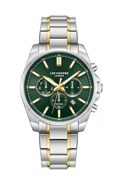 Lee Cooper Dual Time Herrenuhr 42mm Batterie mit Silber Metall-Armband