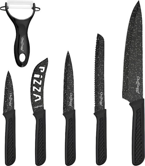 Cheffinger Set 6 Knives Peeler Non-stick Pizza Cutter Black