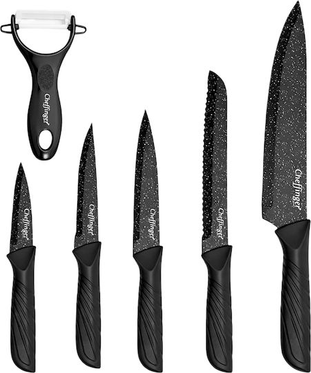 Cheffinger Set 6 Non-stick Marble-effect Knives Peeler Smooth Handles Black