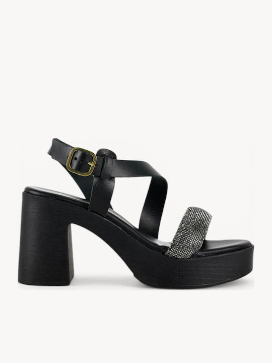 Mules Dama Negre Din Piele Cu Banda Glitter Si Curea