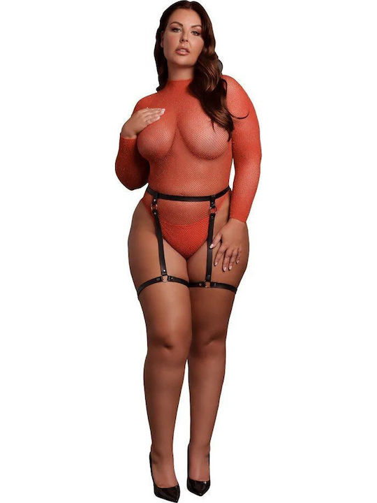 Set Red Shimmering Bodysuit & Leather Garter Le Désir Shimmering Open-Back Bodysuit PU Leather Garters Queen Size Red Gold Glitter 2pcs