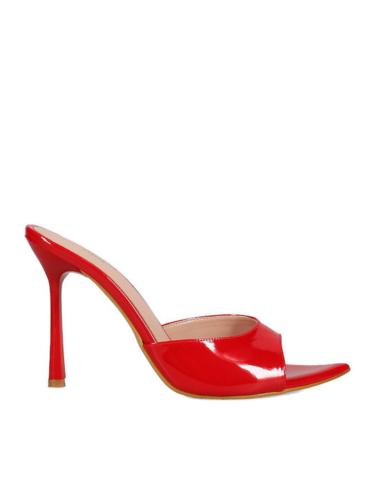 Women's Mules Made of Patent Leather with High Heel in Red Color