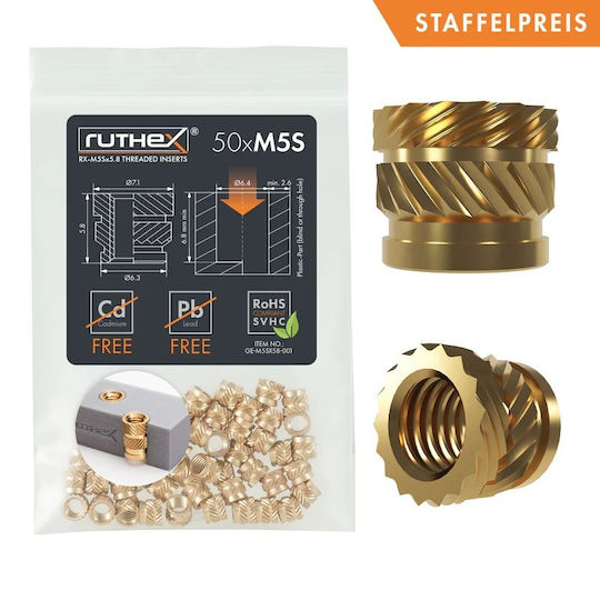 Screws & Connectors Ruthex – M5 Short Threaded Insert – Rx-m5sx5.8 – 50 Pcs 06505