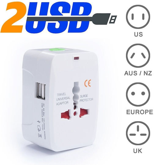 Travel Power Αντάπτορας Πρίζας από Universal σε Universal με 2 Θύρες USB
