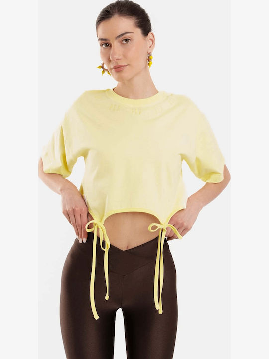 Γυναικείο Crop Top Βαμβακερό Κοντομάνικο Ριγέ Κίτρινο