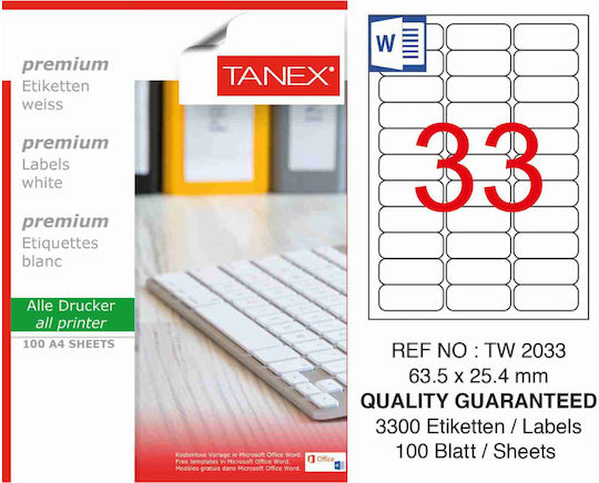 Tanex Αυτοκόλλητες Ετικέτες Α4 Ορθογώνιες 63.5x25.4mm