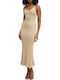 Summer Midi Evening Dress with Mesh Beige