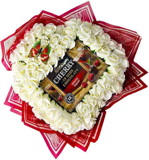Premium Heart White Bouquet In Heart Shape 61 Soap Roses Cherry Candies In Dark Chocolate 50 Cm